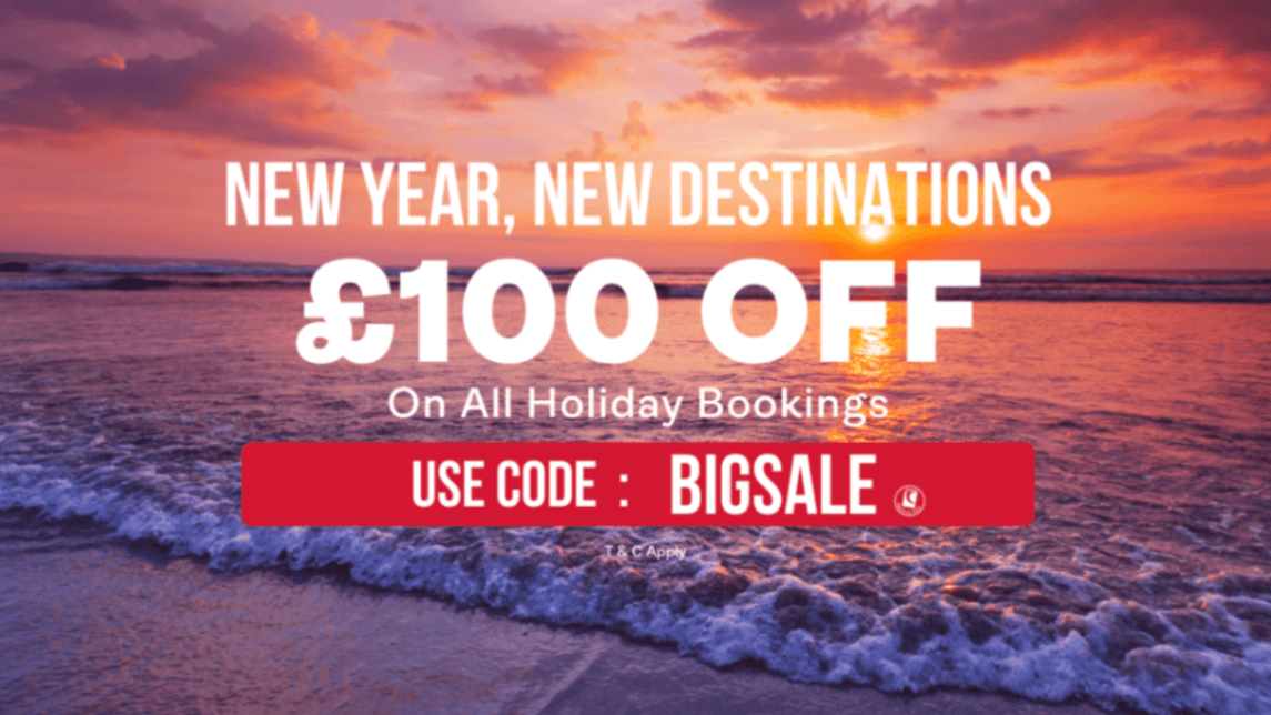 a new year sales poster offering 100 pounds off on holidays