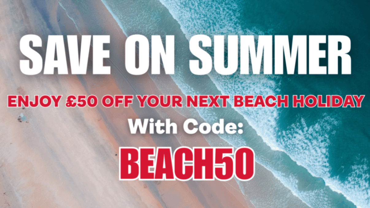 a poster about summer deals with a backgroud of a beach image
