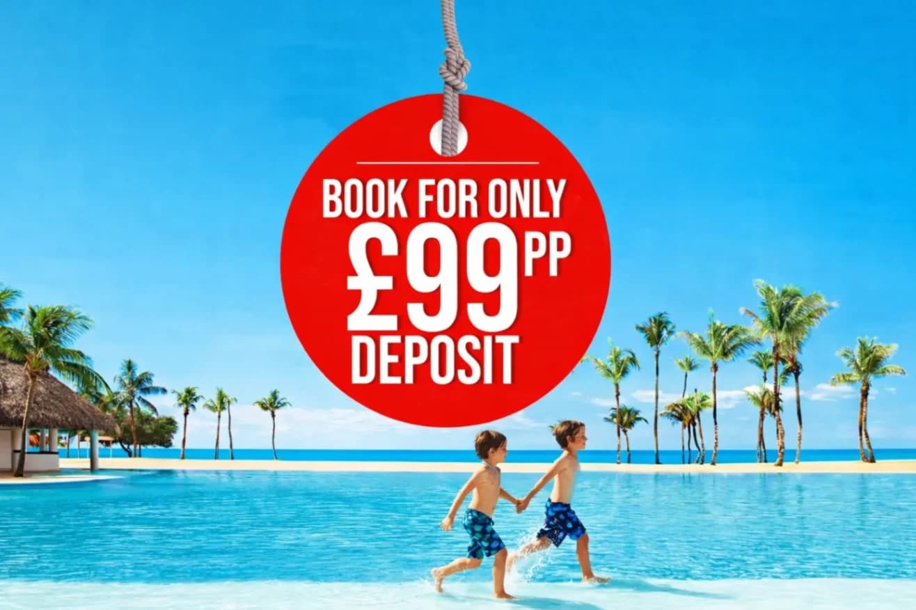 poster image of 99 pounds deposit with kids running across a pool