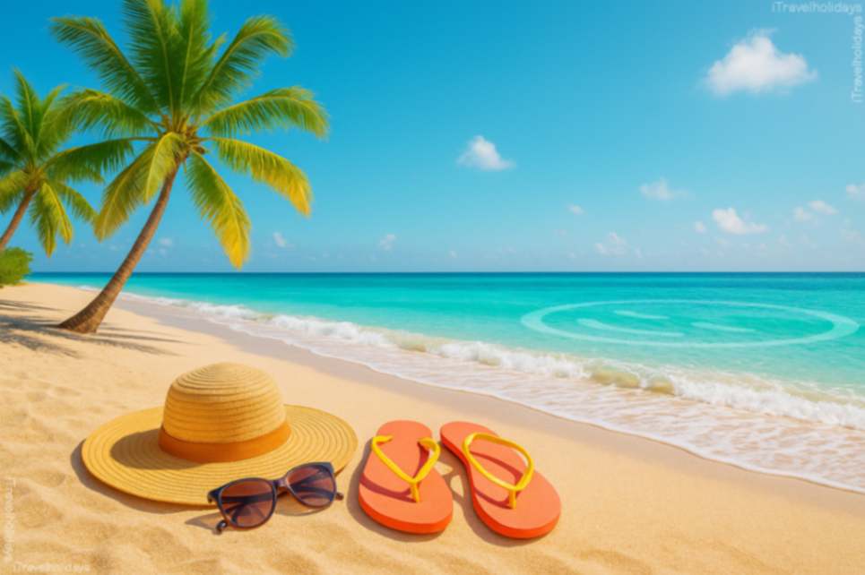 a hat, flip-flops and sun glasses on the beach near palm trees
