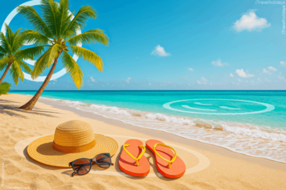 a hat, slippers and sun glasses on the beach near palm trees