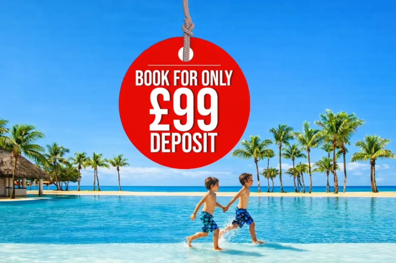 poster image of 99 pounds deposit with kids running across a pool